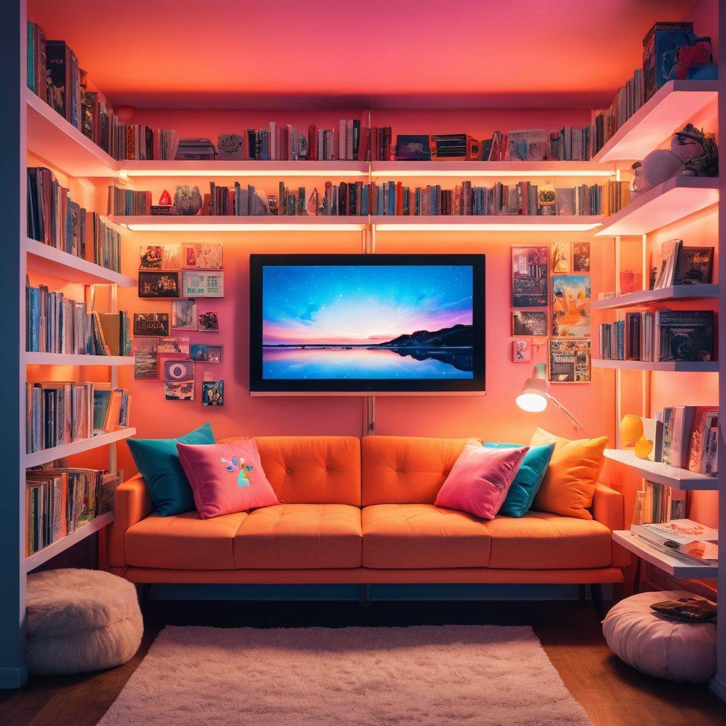 A vibrant, eye-catching collage featuring iconic characters from adult anime and manga, scattered across a stylized bookshelf overflowing with colorful titles. The background glows with soft neon lights, enhancing the playful and inviting atmosphere, while subtle textures add depth. Include elements like a cozy reading corner with plush cushions and an open laptop displaying a colorful website. Perfect for enticing readers to explore various free resources. vibrant colors. super-realistic.
